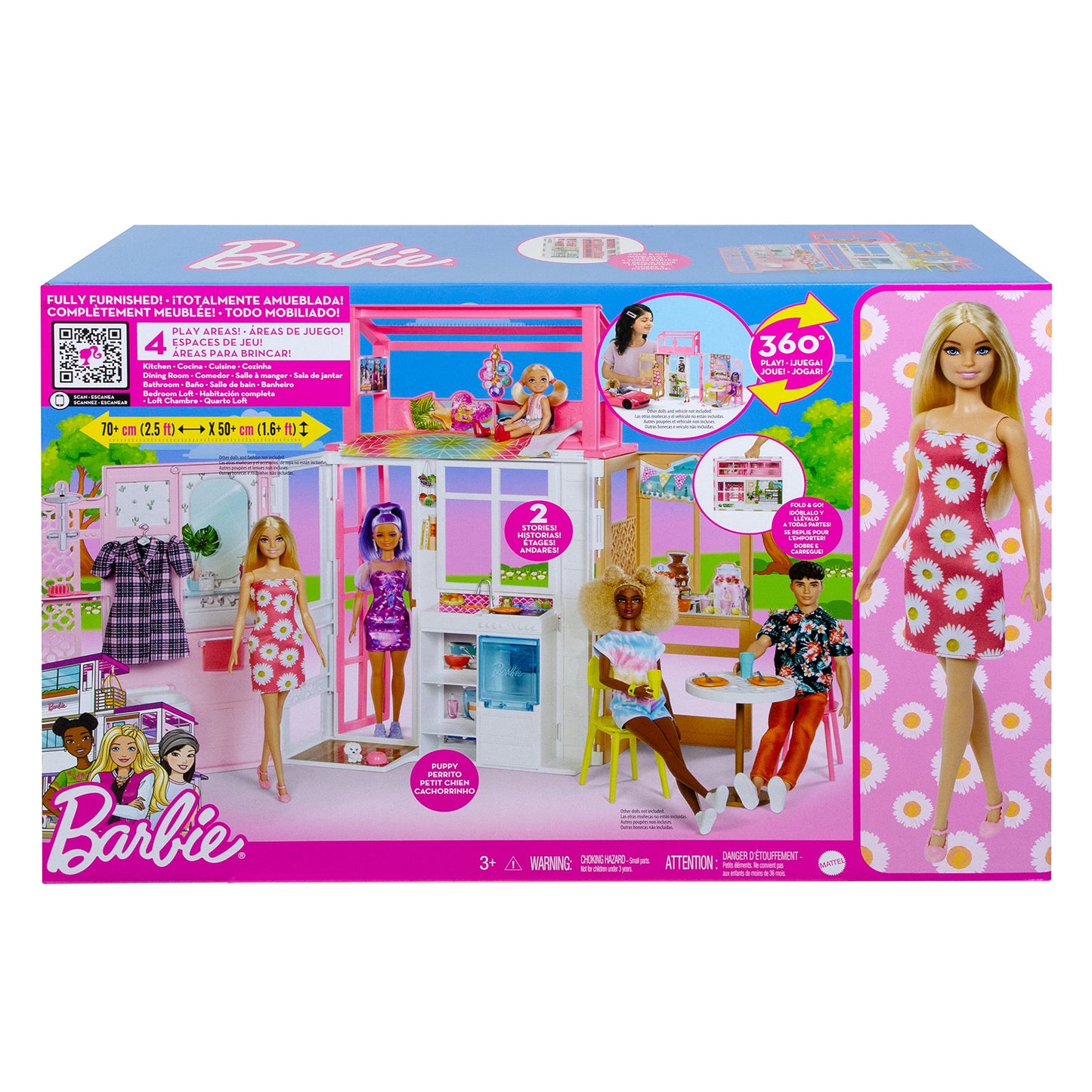Barbie HCD48 - Dollhouse playset with doll & 2-story house featuring 4 play areas, fully furnished, includes pet and accessories, toy gift for kids ages 3+