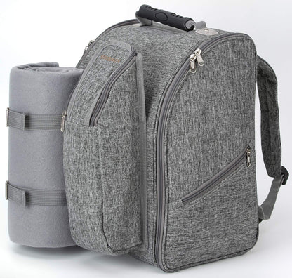 BRUBAKER picnic backpack for 2 people in grey, 28 × 40 × 22 cm - with cooler compartment, insulated bottle holder, and fleece blanket with waterproof bottom.