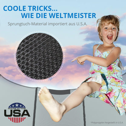 KINETIC SPORTS Trampoline Outdoor 'Salto Plus' Ø 183/244/305/366/400/430/490 cm - Complete Set for Kids, USA Jumping Mat, Net, Padding, Ladder - up to 160kg.