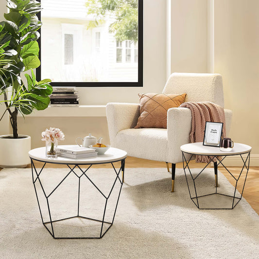 Rebels 2-piece side table set, living room table with basket function, round coffee table, basket table with removable tabletop, metal tables for living room, bedroom, office, white, 500341