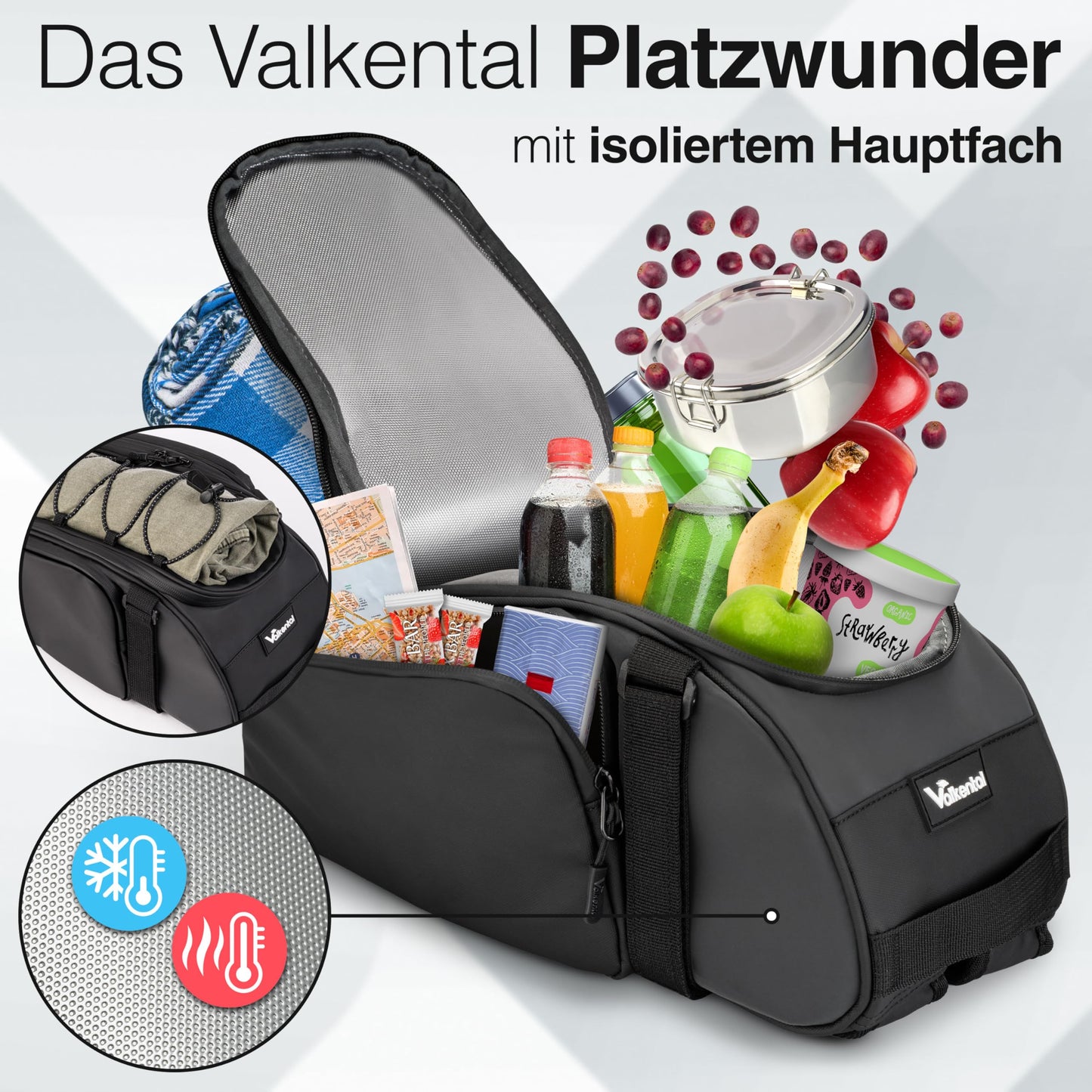 Valkental - 3in1 bike bag for luggage rack with cooling function - 10L volume - Insulating luggage rack bag with backpack function - Waterproof & Reflective