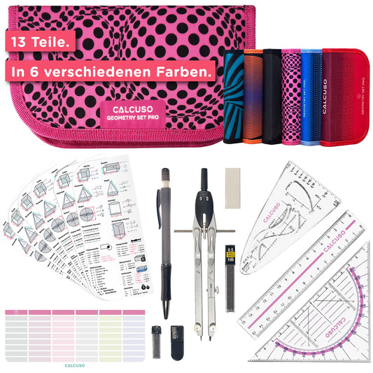 CALCUSO GEOMETRY SET PRO in pink pencil case with compass and protractor - Practical case for school, university, office and drawings - Ideal geometry set for school.
