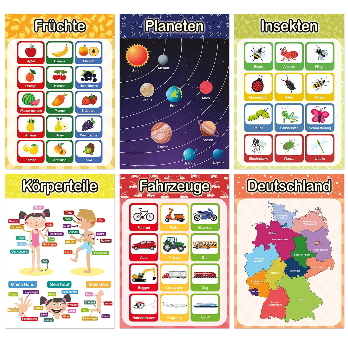 LIKARTO® 12 educational Montessori learning posters A3 - Extra thick paper and double laminated - Basics 2, elementary school learning posters, children's learning aid