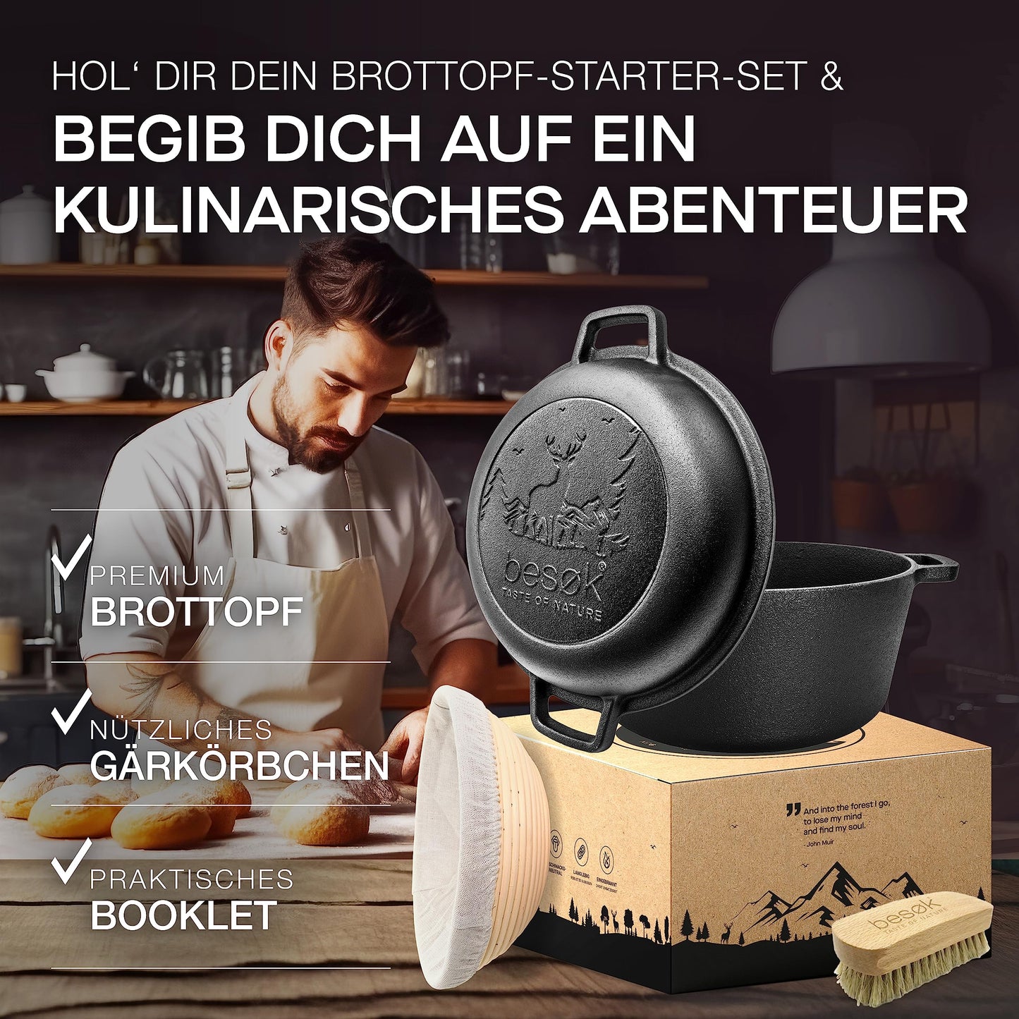 Visit Bread Pot Set [including proofing basket + brush + recipe book] Non-stick Patina Cast Iron Pot ⌀26 cm [5.5 liters] for baking bread - Bread loaf tin suitable for induction stove, pre-seasoned, round with lid.