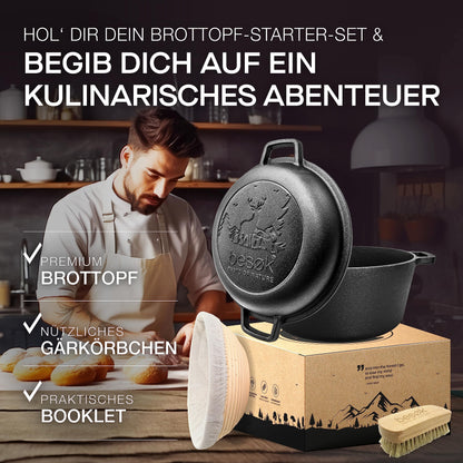 Visit Bread Pot Set [including proofing basket + brush + recipe book] Non-stick Patina Cast Iron Pot ⌀26 cm [5.5 liters] for baking bread - Bread loaf tin suitable for induction stove, pre-seasoned, round with lid.
