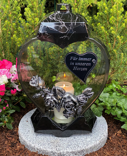 Grave lamp lantern heart shape with inscription "Forever in our hearts" grave light candle grave candle grave decoration 33 cm H.! Grave ornament New model incl. candle, black