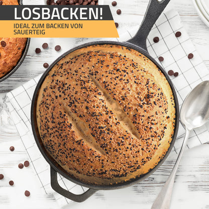 KICHLY Pre-Seasoned Dutch Oven Fire Pot - Dual Function Roaster Cast Iron Pot - Cast Iron Skillet for Stove & Camping, for outdoor & indoor use - 3L/3.2 Quart Cooking Set (2 in 1)