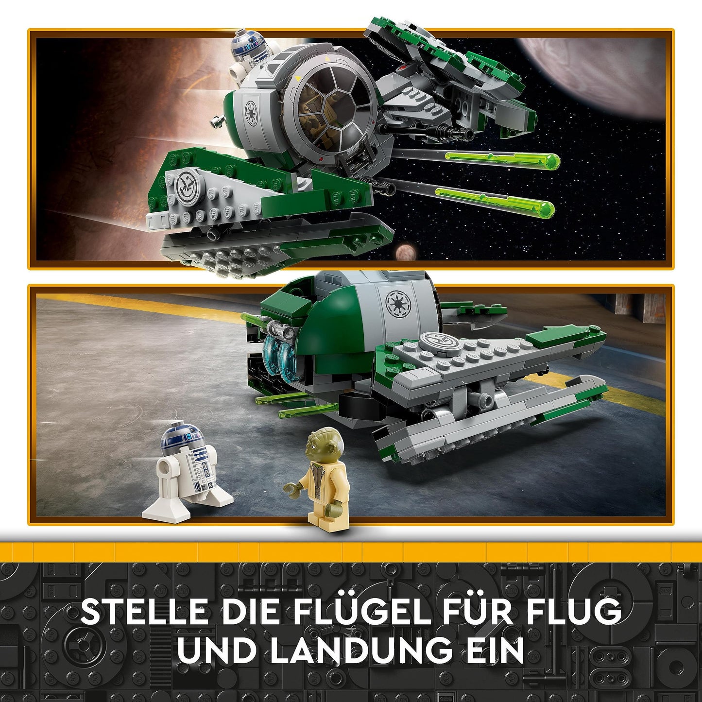 LEGO 75360 Star Wars Yoda's Jedi Starfighter building toy, Clone Wars vehicle set with Master Yoda minifigure, lightsaber, and R2-D2 droid figure.