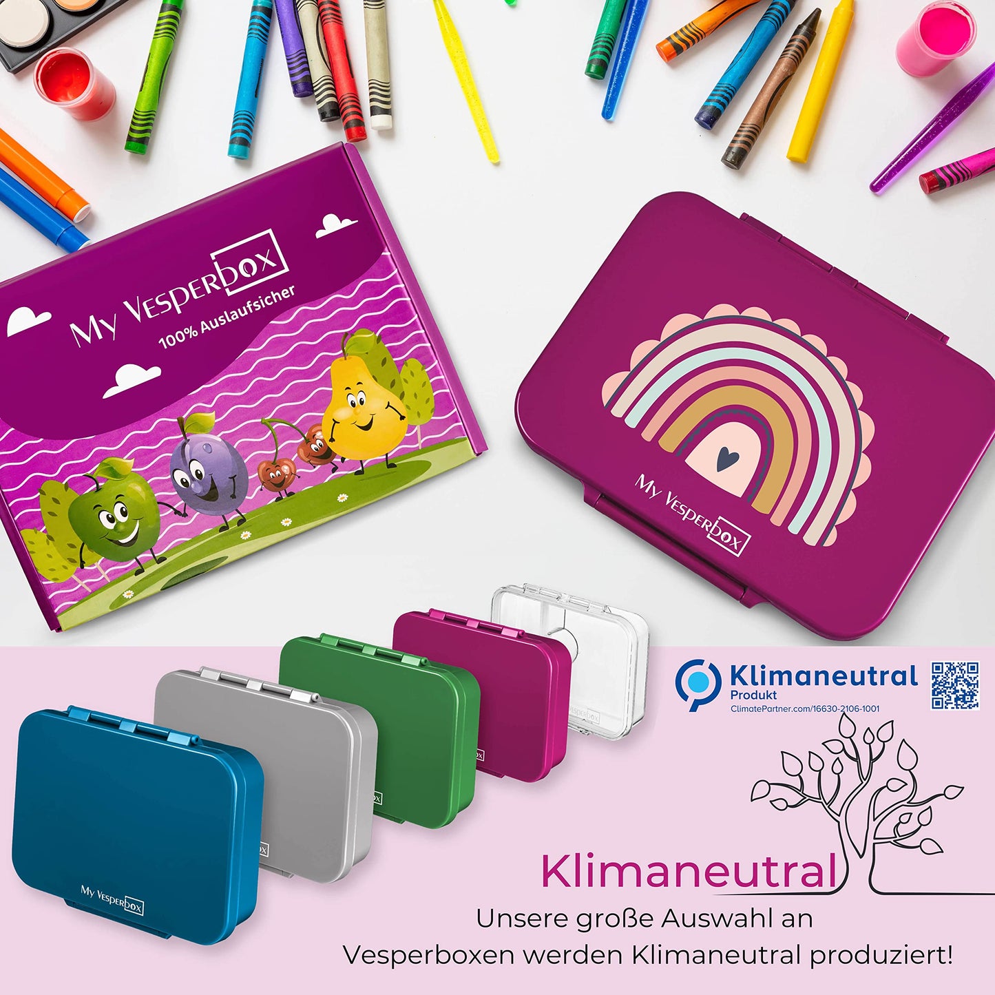 My Vesperbox - Bia - Bento Box Children - NEW - REINFORCED LOCKS - Leak-proof & BPA free - extremely durable - Lunchbox - ideal for kindergarten and school... (Purple - Rainbow)