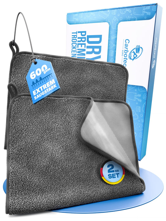 CARBOTEC® Microfiber Towels 2-Pack – Shower & Bathroom Drying Towel, streak-free Microfiber Towel for shower cabin, glass & fixtures – Car Drying Towel, Window Cleaning Cloth & Polishing Cloth, Fast Dry