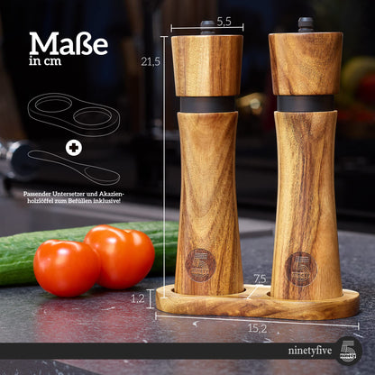 ninetyfive® premium wooden pepper mill set | salt and pepper grinder + coaster and filling spoon made of acacia wood | spice mills with ceramic grinder (21cm) | high-quality gift packaging
