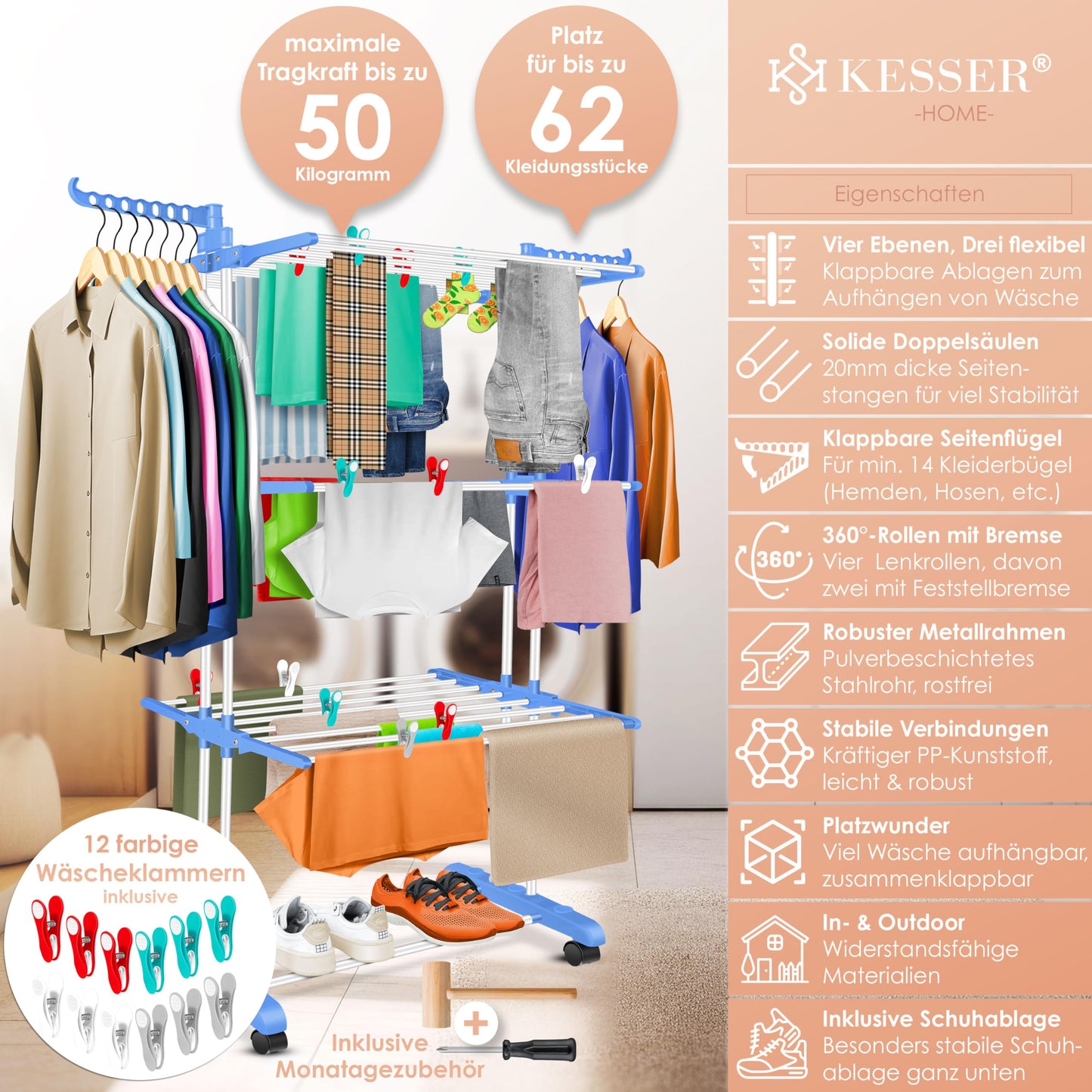 KESSER® Laundry Rack Tower with Wheels Space-saving clothes dryer for indoor & outdoor use 4 levels 2 swiveling side wings and 6 folding levels Standing dryer laundry tower Foldable, incl. Clamps