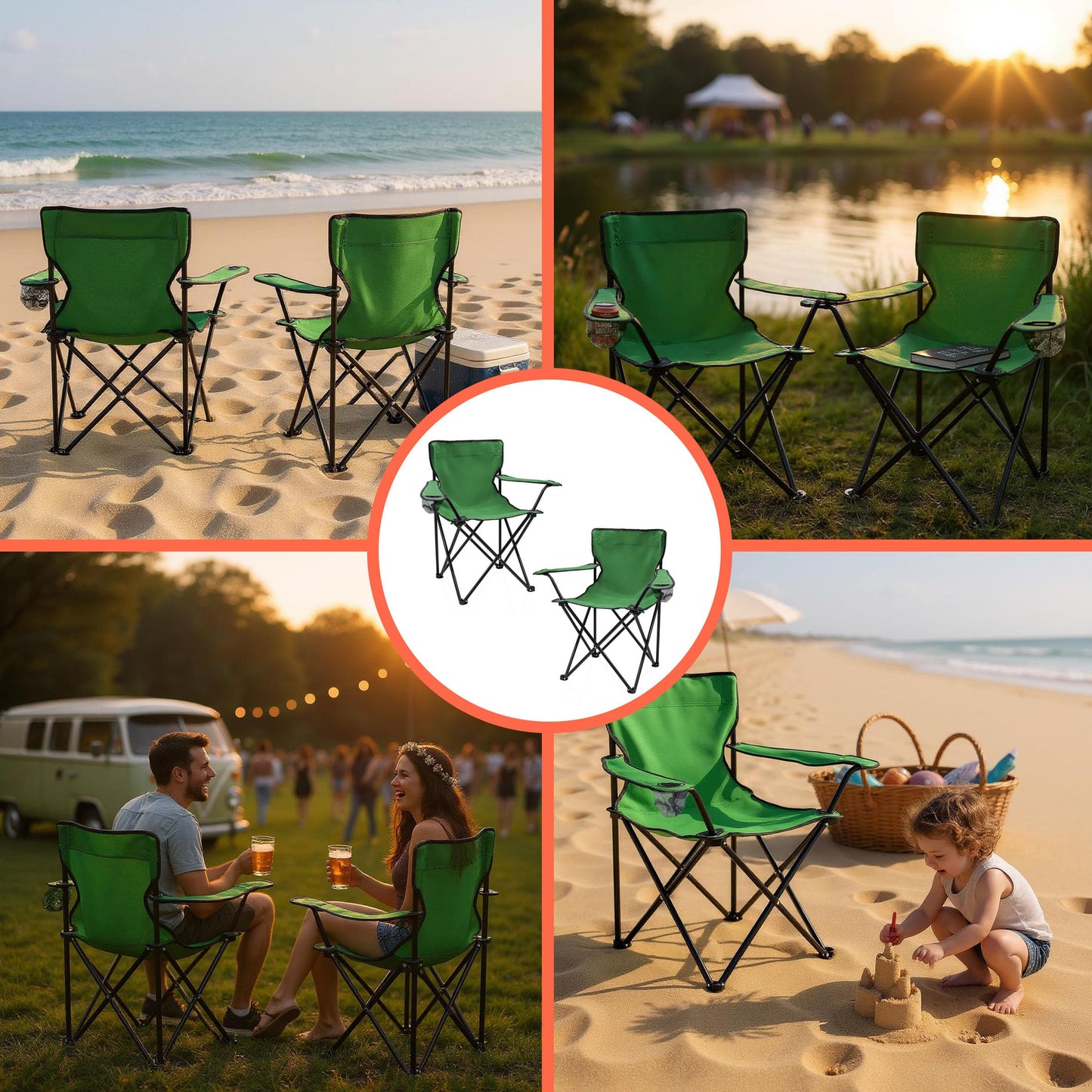 Folding camping chair with cup holder 2-pack - green - Portable camping chair with carrying bag - Foldable chair for festivals, leisure, garden, fishing - Supports up to 100kg.