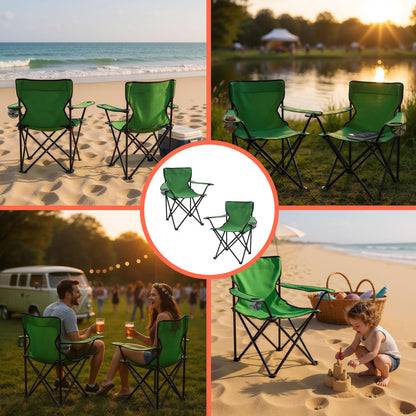 Folding camping chair with cup holder 2-pack - green - Portable camping chair with carrying bag - Foldable chair for festivals, leisure, garden, fishing - Supports up to 100kg.