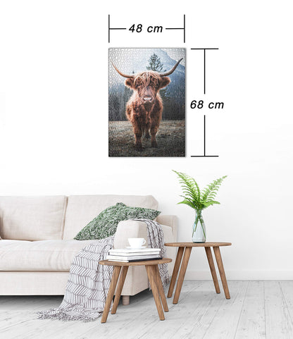 Ulmer Puzzle Forge - Animal Puzzle "Highland" - Classic 1000 piece puzzle - Puzzle motif of a powerful Highland cattle in the cow pasture in front of a frosty Alpine backdrop.
