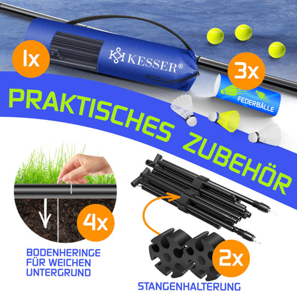KESSER® Badminton Net Tennis Net | Badminton Net 3-Way Height Adjustable 107/120/155cm, sturdy frame, set with net, 3X shuttlecocks & 3X tennis balls, mounting accessories, carrying bag, indoor & outdoor
