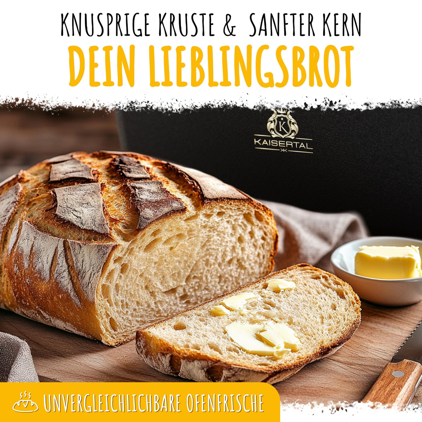 KAISERTAL Cast Iron Bread Baking Pan with Lid 28cm - Sturdy cast iron pot for baking bread - Ideal as bread mold, bread pot, loaf pan and bread baking molds - including baking accessories