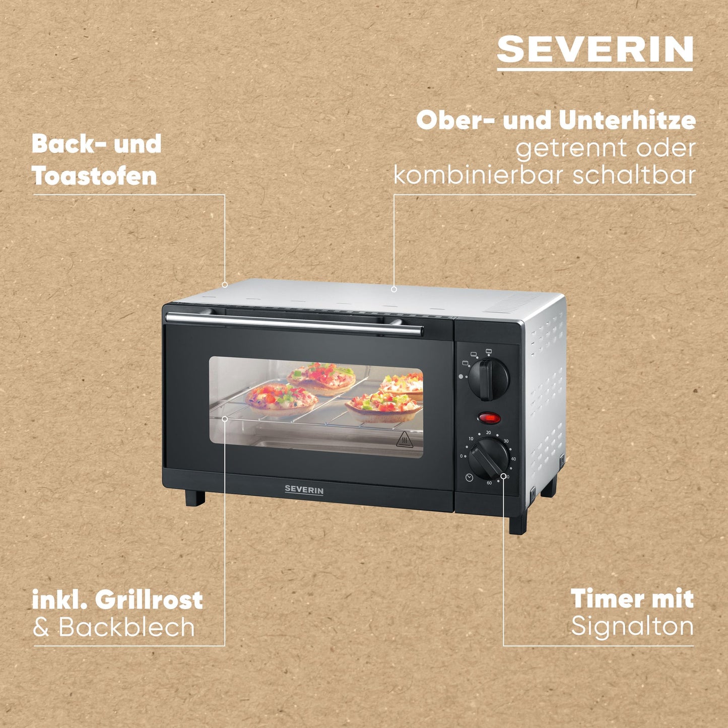 SEVERIN Mini Baking and Toast Oven, compact oven with grill rack and baking tray, with upper and lower heat, 800W, 9 L, silver/black, TO 2052