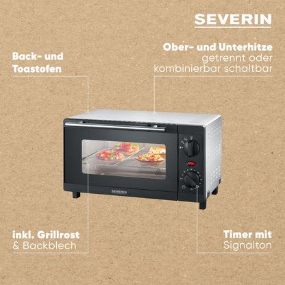SEVERIN Mini Baking and Toast Oven, compact oven with grill rack and baking tray, with upper and lower heat, 800W, 9 L, silver/black, TO 2052