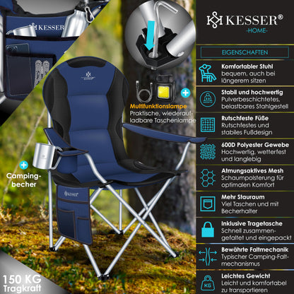 KESSER® camping chair foldable up to 150 kg angling chair folding chair padded with armrests, high backrest beach chair, folding stool including camping light drinks holder bag & cup navy blue