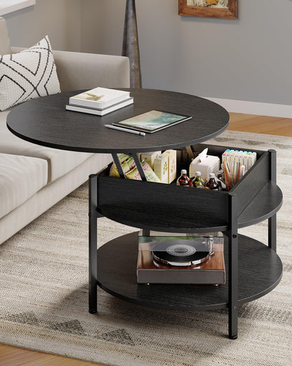 Round coffee table with lift top, height-adjustable coffee table, side table, living room table with hidden storage, open compartment, metal frame, for living room, office, 70 x 70 x 50 cm, Black