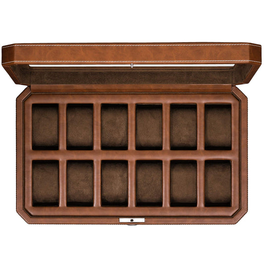 ROTHWELL 12 Slot Leather Watch Box for Men - Luxury Watch Case Display Organizer, Men's Storage Boxes Holder with Large Glass Lid (Black/Gray)