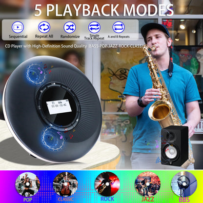 Portable CD player with Bluetooth rechargeable 1500mAh car CD player with Bluetooth and stereo dual speakers anti-skip for car home travel personal discman CD player portable