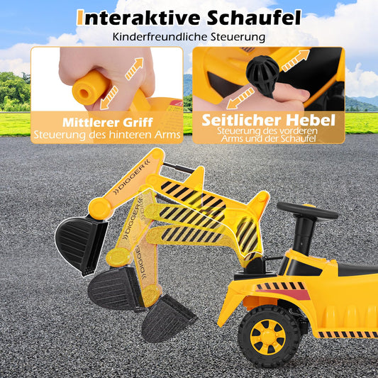 COSTWAY Ride-On Excavator for Kids, with Adjustable Shovel & Storage Space under the Seat, Excavator with Engine Sound & Tipping Protection, Ride-On Excavator for Children aged 1 year+