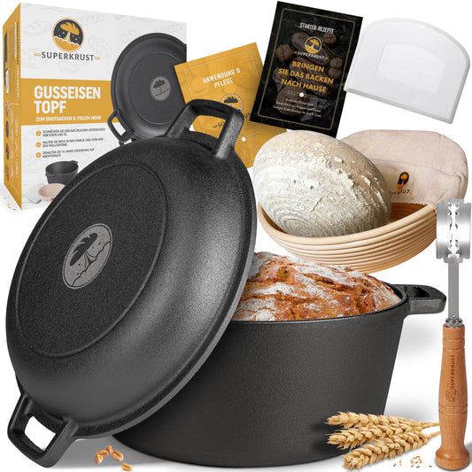 SUPERKRUST Cast Iron Pot Bread Baking including proofing basket, baker's knife & dough scraper - bread baking form with lid 26cm - Ideal bread pot, cast iron pot bread baking, bread baking accessory, bread form.