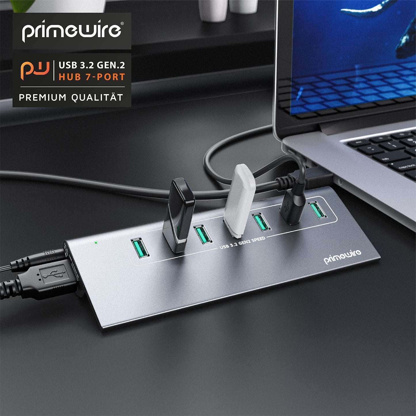 CSL - USB 3.2 Gen2 Hub - 7 Port Distributor active - 10 Gbit/s - Active operation - with power supply - Anthracite metal casing - for PC notebook laptop tablet - for Windows and MacOS