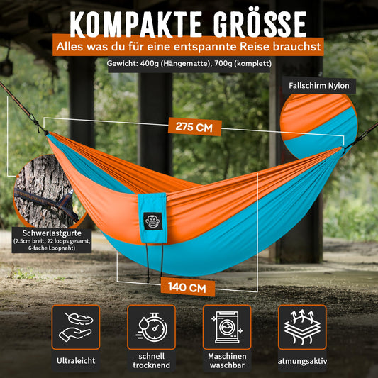 Monkey Swing Hammock Ultralight incl. carabiner & heavy-duty straps (up to 300 kg load capacity, 275 x 140 cm) - perfect for camping, outdoor, trekking & as a travel hammock (turquoise/orange)