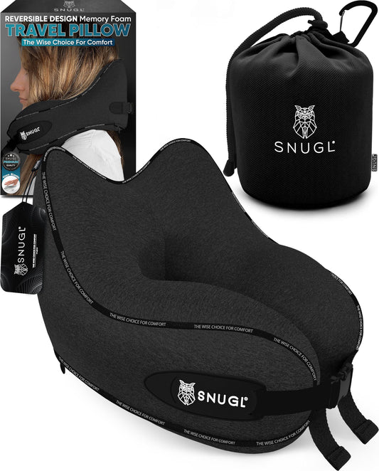 SNUGL Neck Pillow Memory Foam Washable & Adjustable | Cozy Neck Travel Pillow for Airplane, Car & On the Go | Travel Pillow Neck Cushion, Neck Travel Pillow (Black, Adult Small)