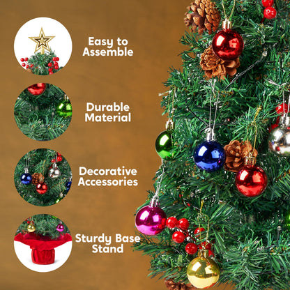 JOIEDOMI 24"/2FT Pre-lit Tabletop Christmas Tree with warm lights, holly berries, and pine cones for a beautiful Christmas decoration.