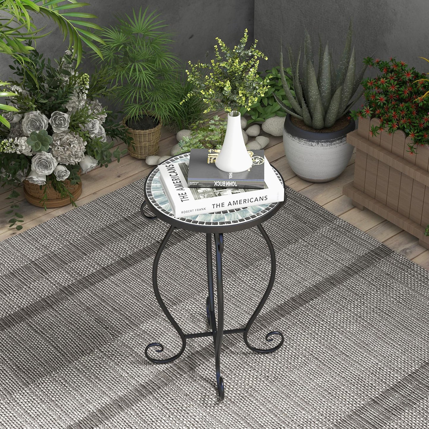 HOMASIS garden table side table with mosaic pattern, plant stand with round tabletop made of metal & tiles, balcony table for garden, balcony & living room (black+grey)