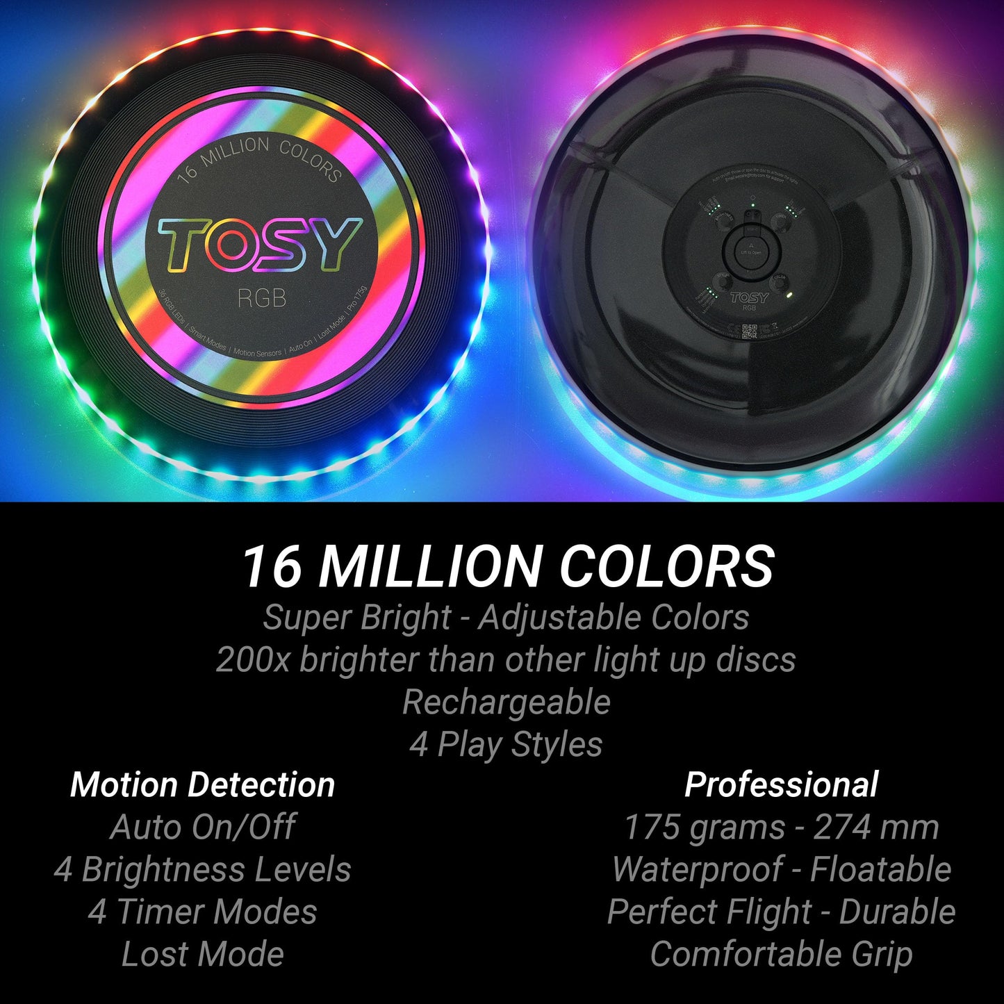 TOSY Flying Disc - 16 million RGB colors, bright, smart modes, automatic light-up, rechargeable, ideal for birthdays, Easter, men/boys/kids, 175g Frisbee