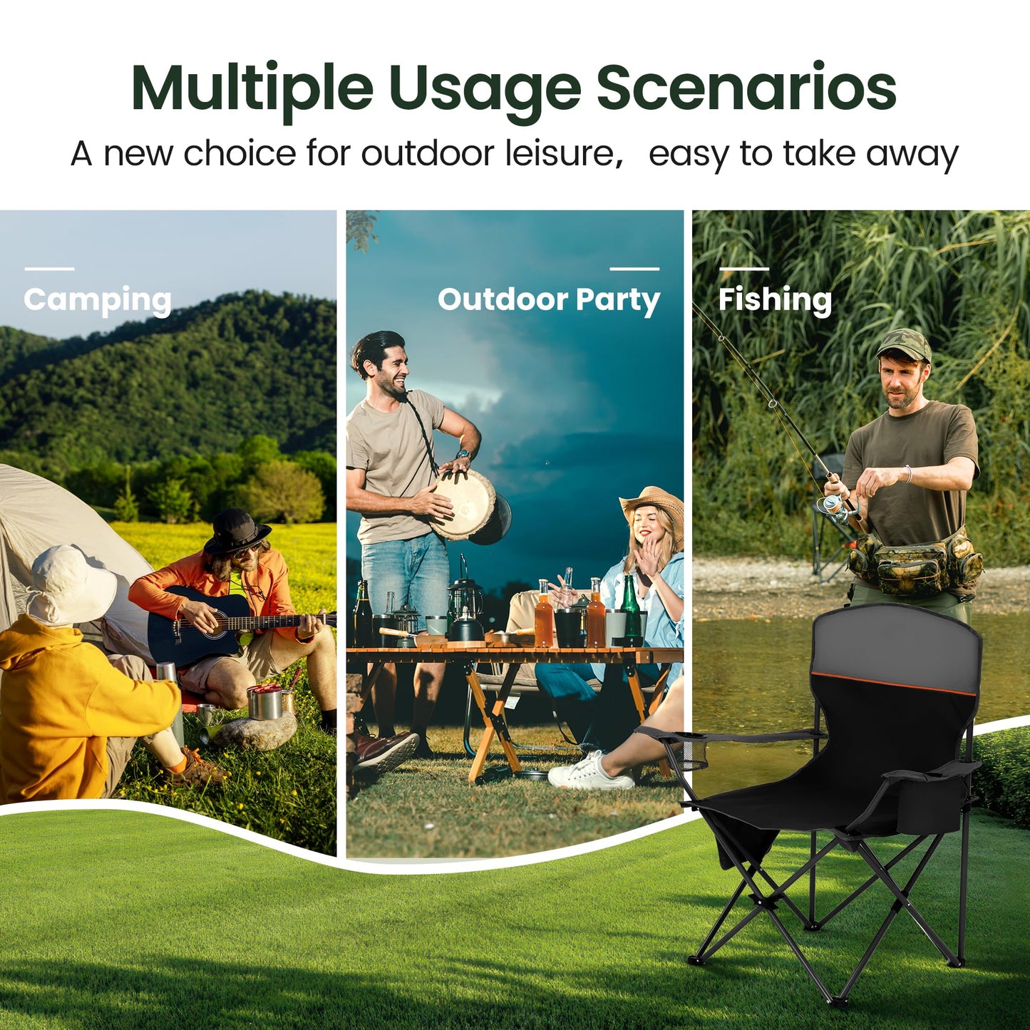 HIGH POINT SPORTS Folding Camping Chair 2-Pack up to 225 lbs Camping Chair with Drink Holders Foldable Camp Chair with Armrests Outdoor Chair (Black)