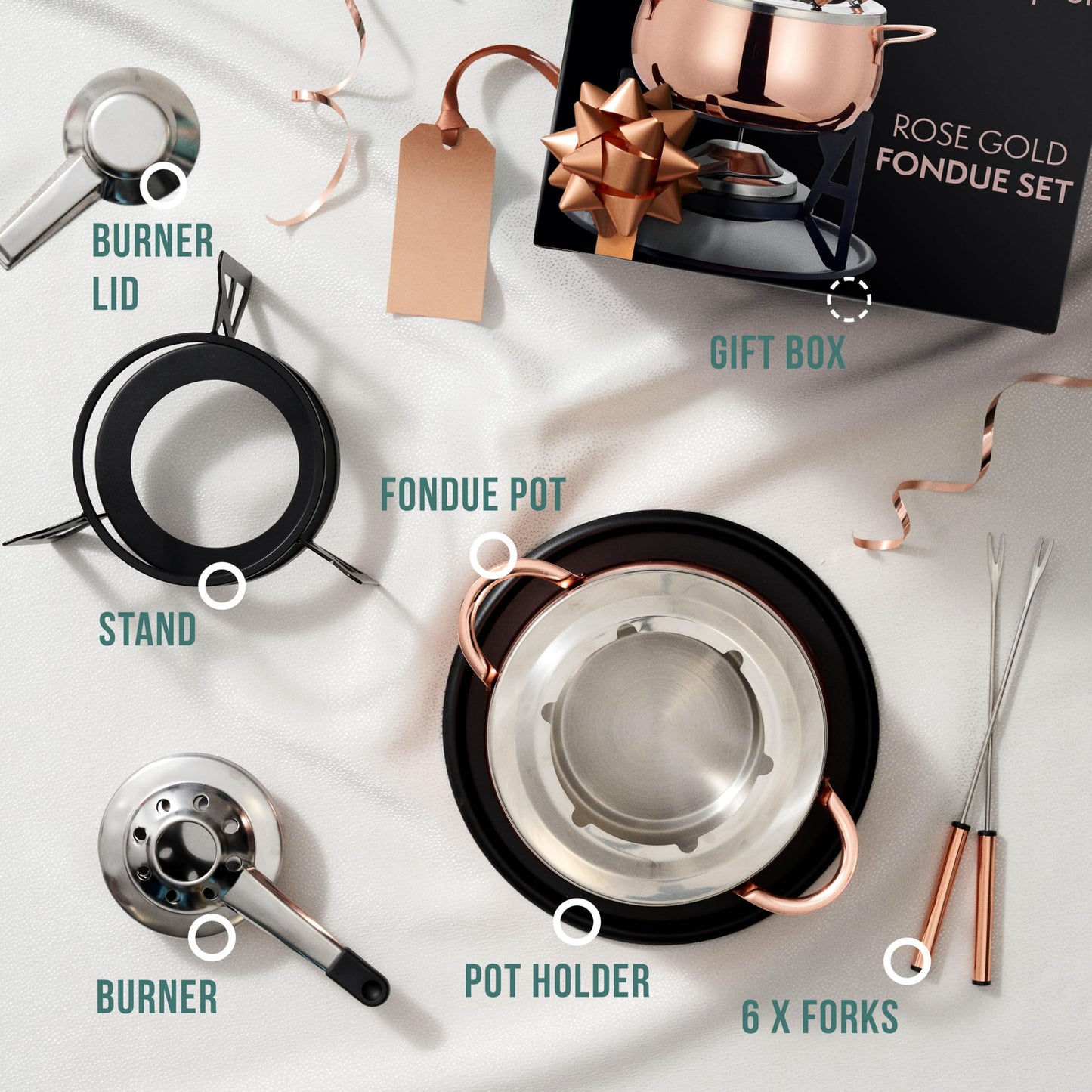 Oak & Steel - 10-piece Premium Stainless Steel Fondue Set for 6 people, Rose Gold/Copper - Chocolate, Cheese, Meat - Sturdy & Stylish - Gift Set for Valentine's Day/Birthday/Anniversary