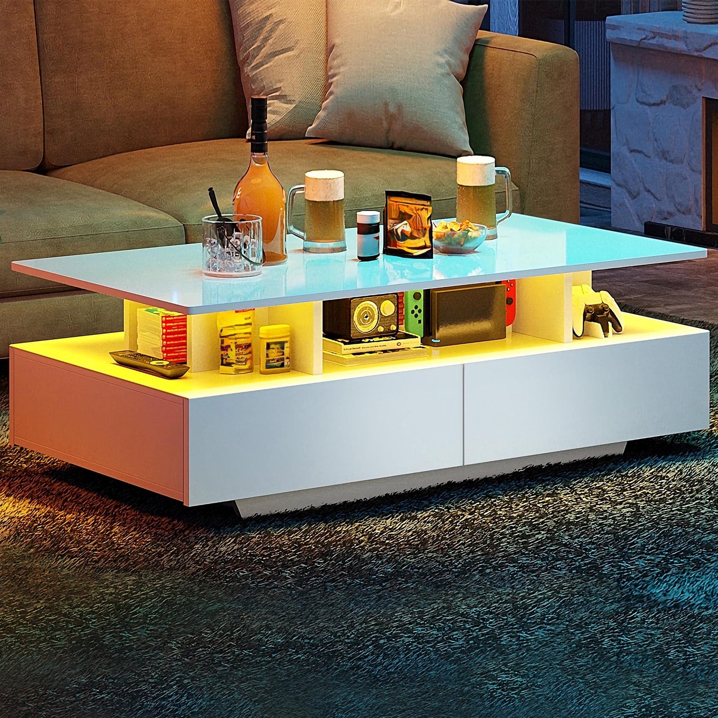 YITAHOME Coffee Table White, Living Room Table with 16-Color LED Lighting Modern, White Side Table with Open Display Shelf and 4 Extendable Drawers 90x55x41.1 cm