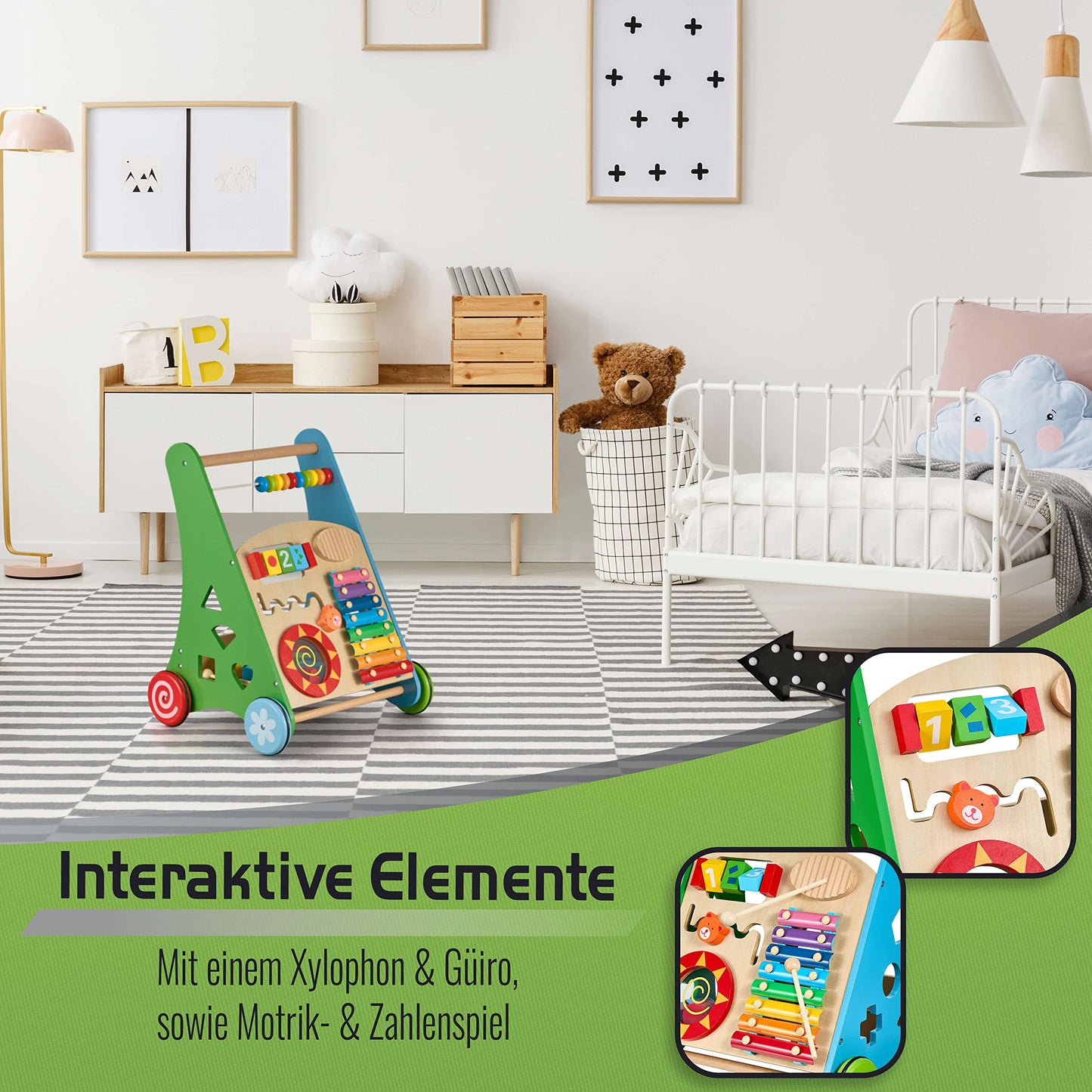 Balinco - Wooden Baby Walker 3-in-1 from 6 months - Walking aid with musical toys, learning functions & motor skills training - Walking aid with xylophone & shape sorting - Baby walker for girls & boys.