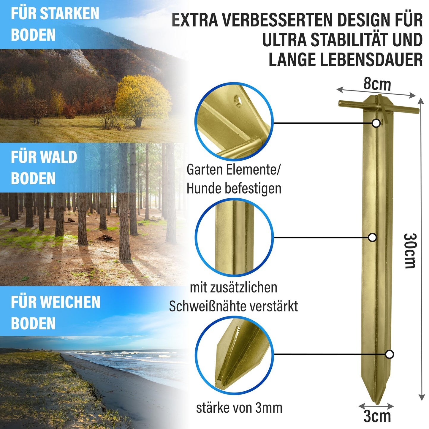 Turinto® 8X Pieces sturdy tent pegs for secure camping and outdoor experiences [Extra Strong Welded Seams] made of extra strong and durable steel with T-profile for maximum stability Length 30 cm.