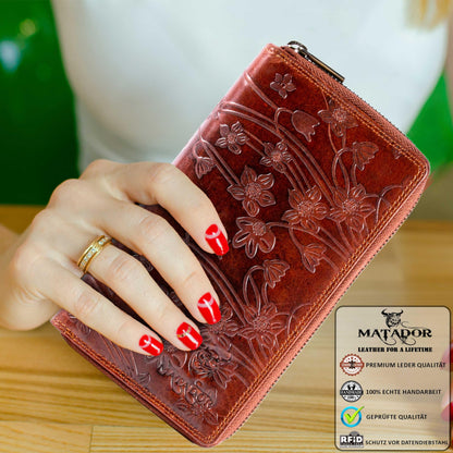 MATADOR Women's Large Leather Wallet #Madrid with elegant Gift Box, Stylish Women's Wallet Large with RFID Blocker, Luxury Women's Wallet with Many Card Slots in Floral Brown.