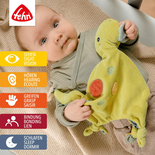 Fehn Cuddly blankie Baby Toy Dino - Snuggle cloth for newborns - Cuddly toy with rattle & squeaker - Sleep aid hand puppet - Cuddly blanket sleep animal for babies and toddlers from 0+ months