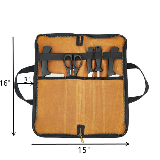 Durable waxed canvas, multi-purpose knife roll with 5 compartments, sturdy handle, and elastic retention strap (Khaki)