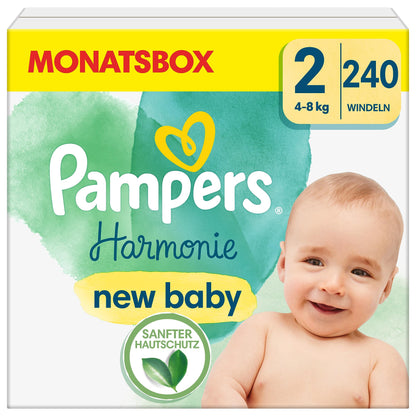 Pampers Baby Diapers Size 2 (4-8 kg) Harmony, HALF-MONTH BOX, Gentle Skin Protection And Plant-Based Ingredients, 240 Pieces