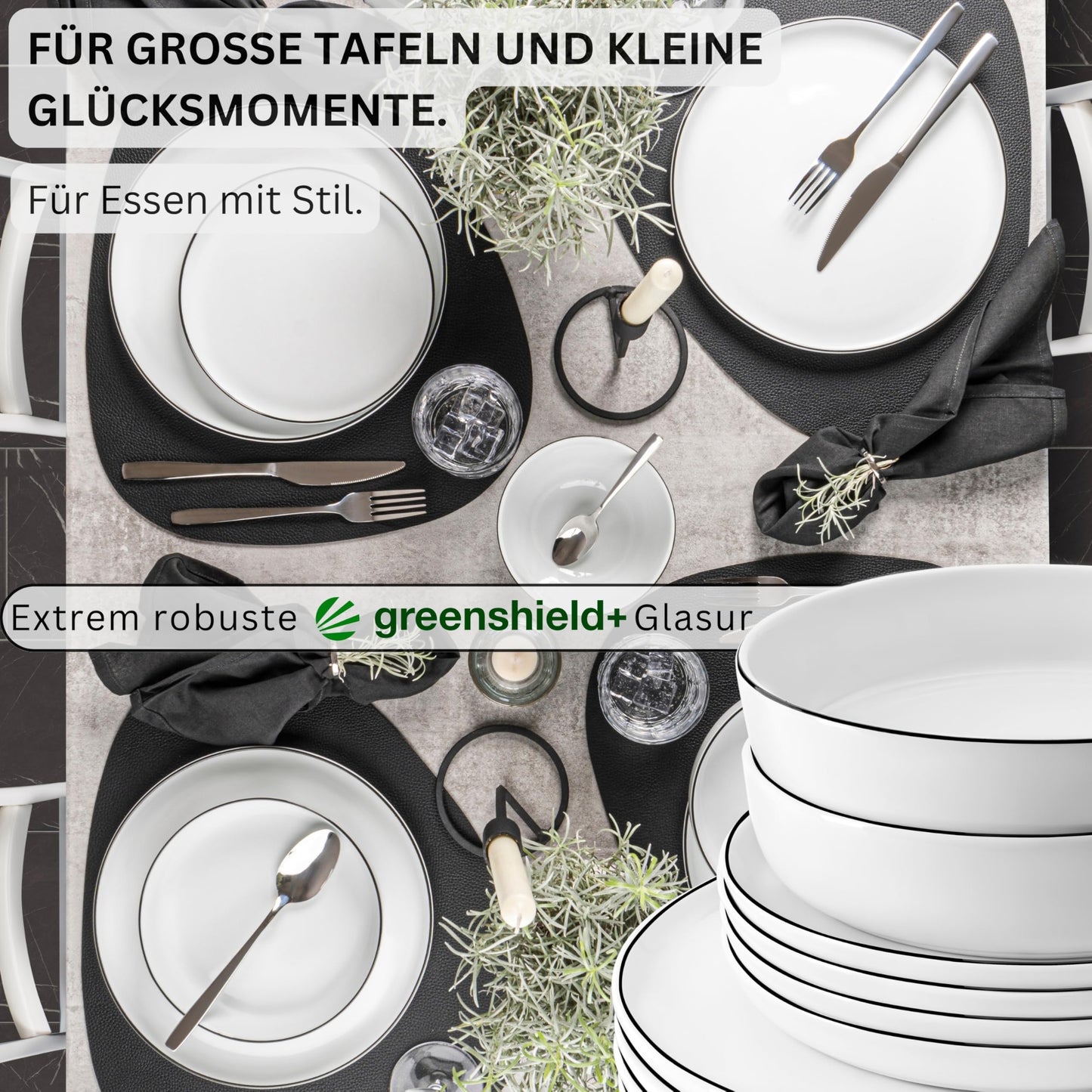SINGER | Marlo Black Rim white tableware set, 18 pieces for 6 people made of porcelain, white with black accents, dinner plates, dessert plates, and bowls, modern design | PREMIUM COLLECTION