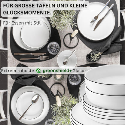 SINGER | Marlo Black Rim white tableware set, 18 pieces for 6 people made of porcelain, white with black accents, dinner plates, dessert plates, and bowls, modern design | PREMIUM COLLECTION