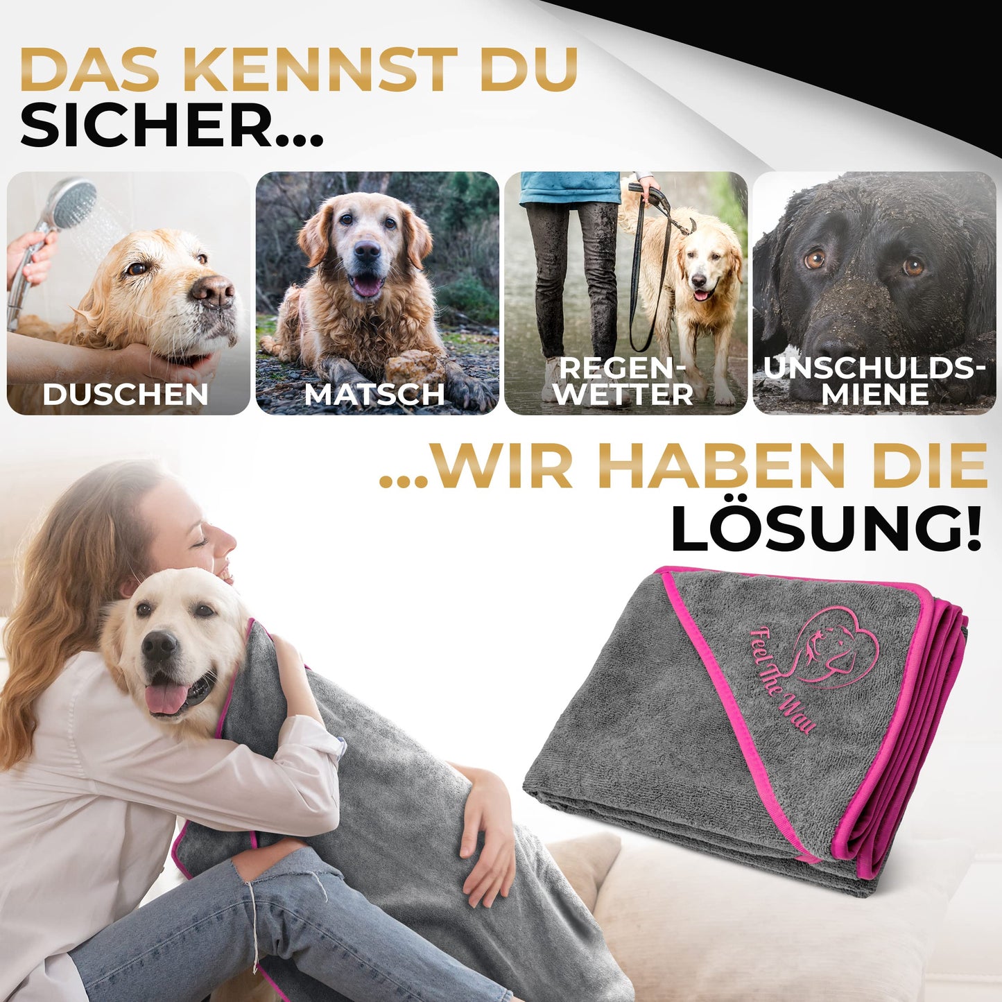 FeelTheWau Dog Towel extra absorbent - Dog towel for large and small dogs - SOFT AND CUDDLY - Dog towel - Gift for dog owners (2 pack 130x75cm, Gray/Pink)