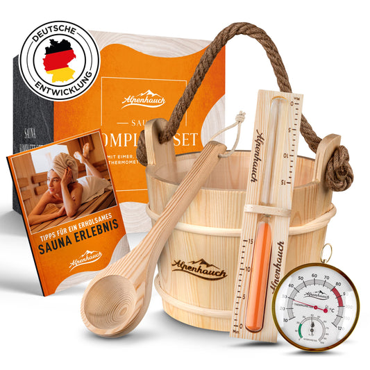 ALPENHAUCH Sauna Bucket with Ladle [100% natural wood] - Premium sauna bucket set with sauna hourglass & thermometer/hygrometer - Durable sauna accessory - Infusion bucket set includes practical sauna booklet