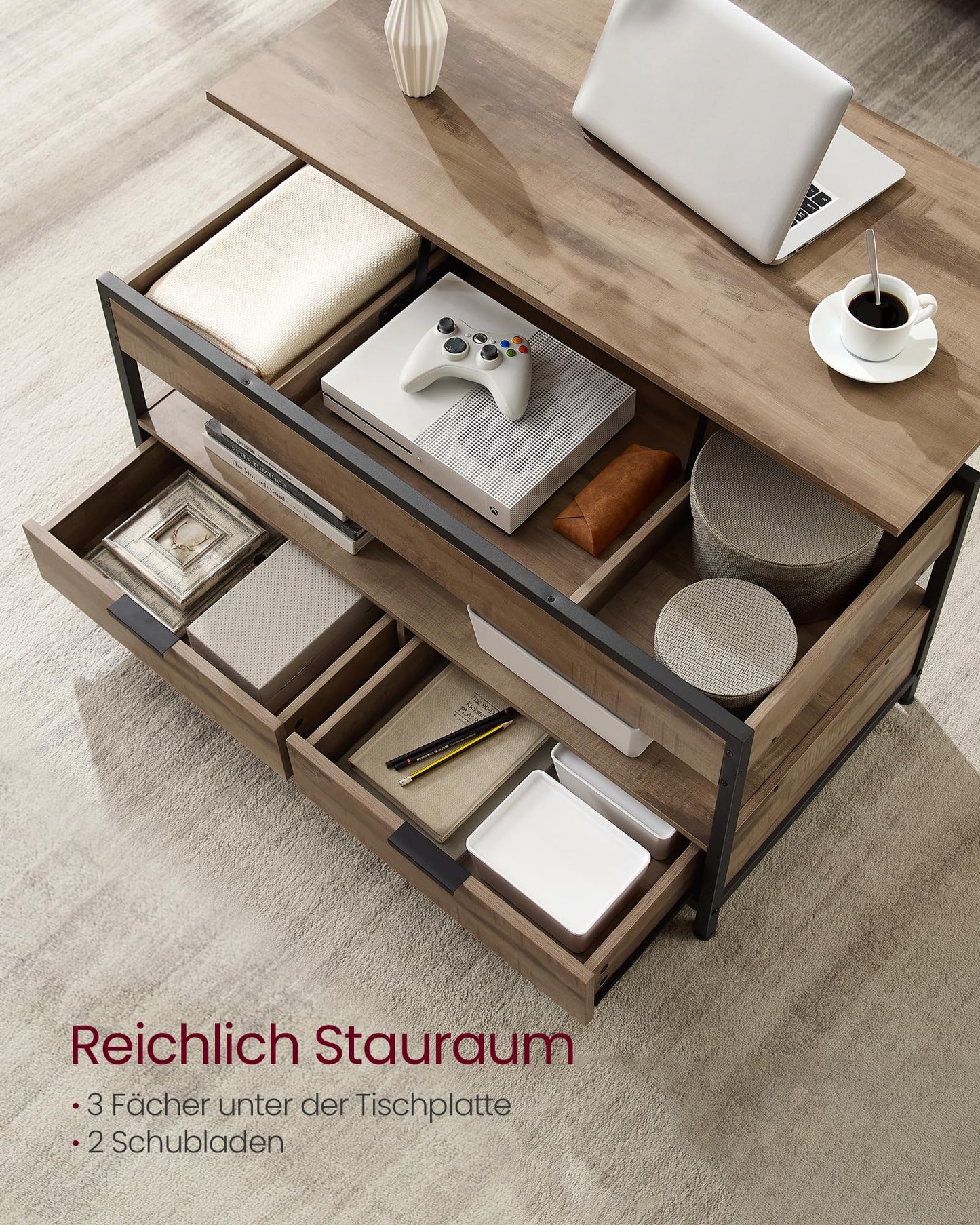 VASAGLE coffee table, adjustable living room table, with drawers, open compartment, 50 x 100 cm, camel brown-ink black LCT209K02