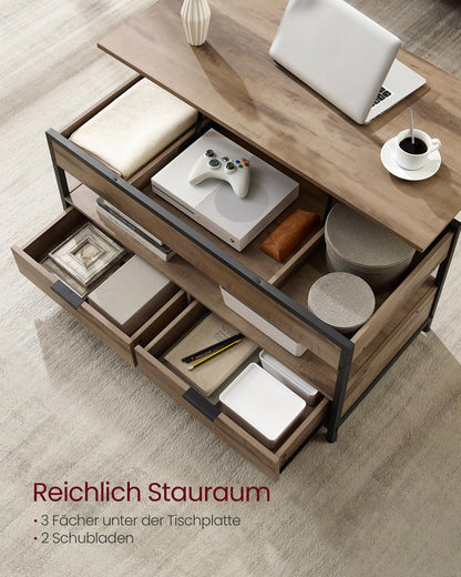 VASAGLE coffee table, adjustable living room table, with drawers, open compartment, 50 x 100 cm, camel brown-ink black LCT209K02